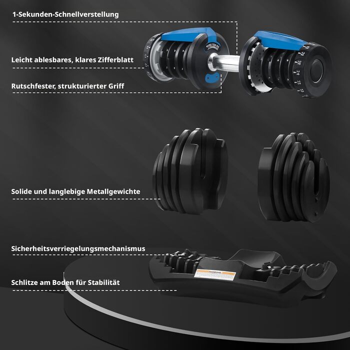 Регульовані гантелі (пара), 12-40 кг, технологія Smart-Click для швидкої зміни ваги, протиковзаюче покриття, для дому та залу, сині