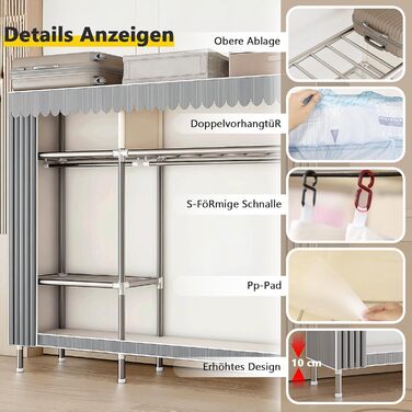 Тканинна шафа, міцна, тканинна розкладна шафа для спальні з рейкою для одягу та полицями, гардеробна шафа з вішалкою для одягу, 84x46x173 см, сіра смужка.