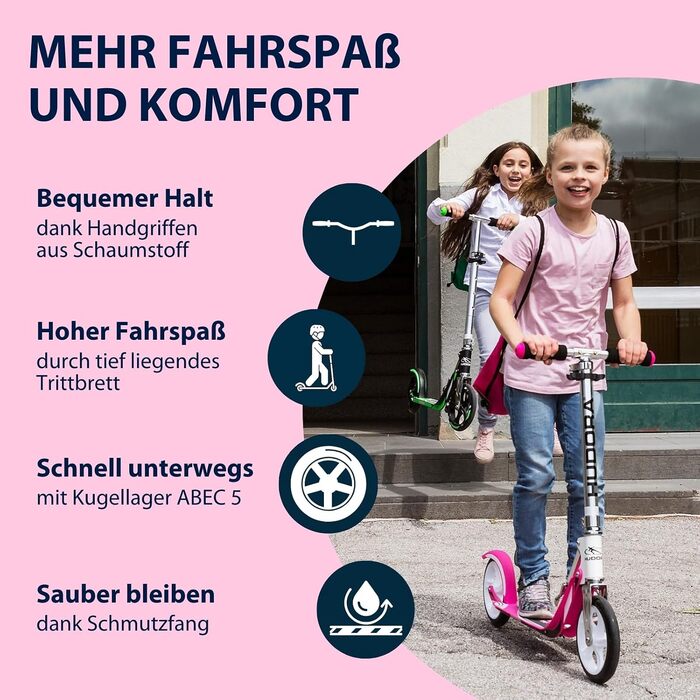 Самокат HUDORA BigWheel 205 стабільний алюмінієвий міський самокат, складаний, з регулюванням висоти та підніжкою, для дітей та дорослих (до 100 кг), білий/рожевий