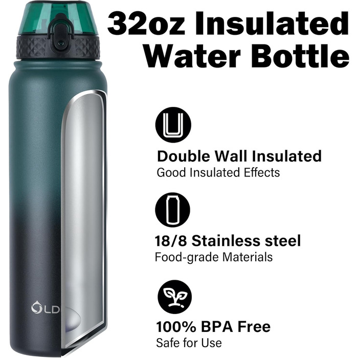 Пляшка для води OLDLEY з нержавіючої сталі з трубочкою 1 л, ізольована, з 3 кришками, велика термос 1 літр, герметична, зберігає тепло та холод, для спорту, тренажерного залу, кемпінгу, їзди на велосипеді (темно-зеленийчорний, 3 кришки) темно-зеленийчорни
