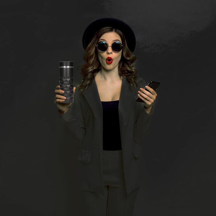 Термокружка Elasto Premium з нержавіючої сталі з кнопкою 450 мл Герметична кришка Гаряча та холодна Без BPA Термокружка для кави з собою з діамантами Матовий блиск Чорний онікс