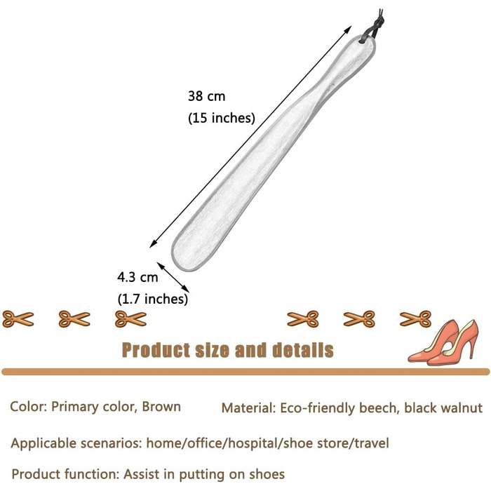 Ріжок для взуття - Home Ріжок для взуття середньої довжини, підйомник для взуття з шліфованого, гладкого бука/горіха, портативний дорожній ріжок для взуття з ремінцем для зберігання (колір коричневий*1, розмір 38*4,3 см) (колір основний колір 38*4,3 см ос