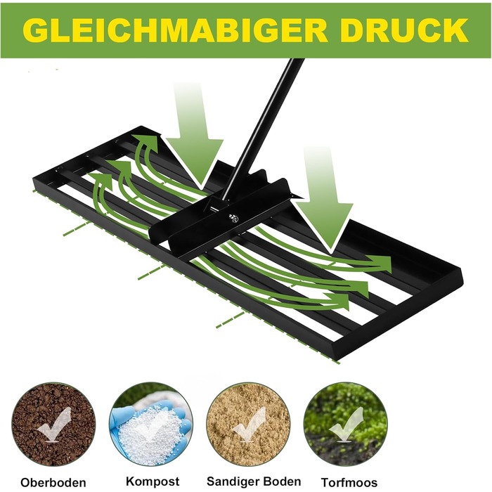 Гребінь для вирівнювання газону Rasenrechen 45x25 см з регульованою ручкою 2 м та системою обертання, зручний та економічний інструмент для вирівнювання газону на подвір'ї, в саду та на гольф-полі