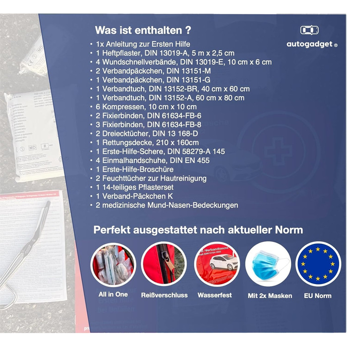 Автомобільна аптечка з додатковою інструкцією - автомобільна аптечка відповідно до чинного стандарту 2024 року - DIN13164 - аптечк