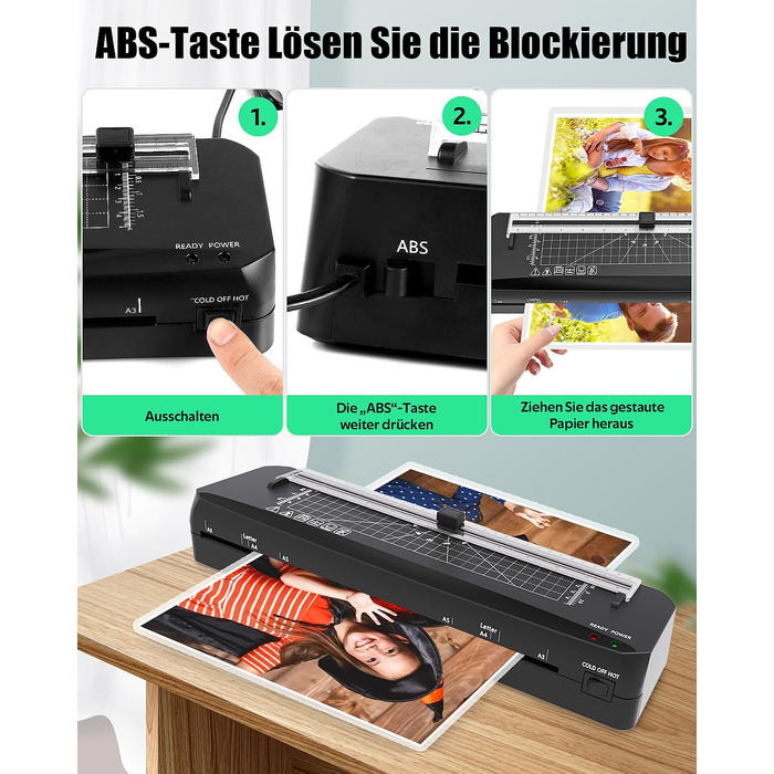 Ламінатор, ламінатор A3 з 50 ламінуючими пакетами, швидкий прогрів за 70 секунд, машина для гарячого та холодного ламінування з вбудованим різаком для паперу для дому, школи, офісу, чорний-50pics