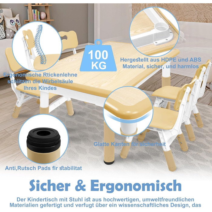 Дитячий стіл UISEBRT з 4 стільцями, Дитячий комплект сидіння з регульованою висотою для дітей від 2 років, Пластиковий комплект столів, Дитячі меблі для дитячого садка та дитячої кімнати (Колір дерева, 120 x 60 x 60 см) 120 x 60 x 60 см Колір дерева