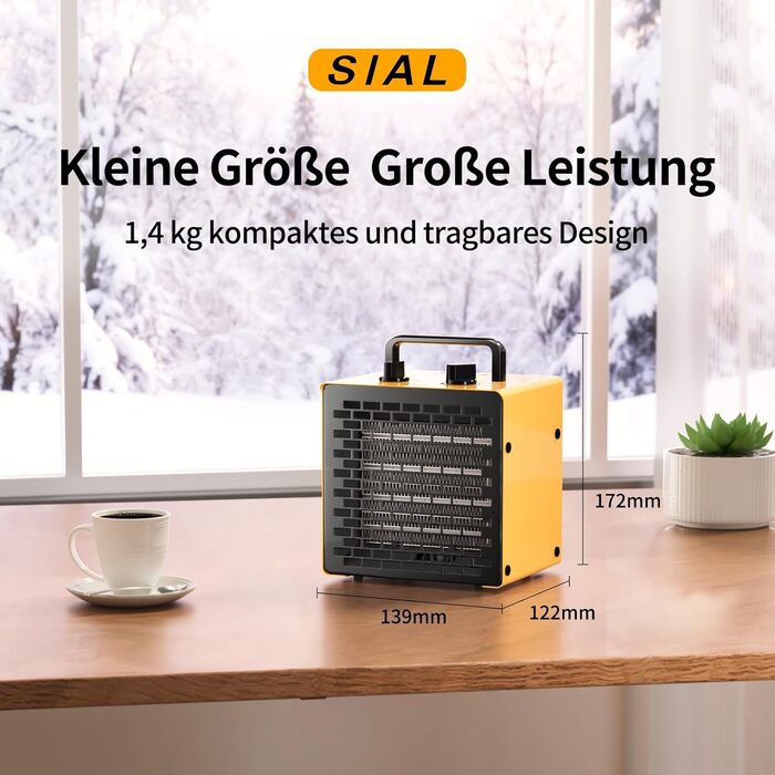 Промисловий портативний вентилятор-обігрівач SIAL 2000 Вт - Електричний обігрівач - Керамічний радіаційний обігрівач - Обігрівач приміщень, будівельний обігрівач - PTC обігрівач із захистом від перегріву - Для офісів, кімнат, ванних кімнат, гаражів - PA2 