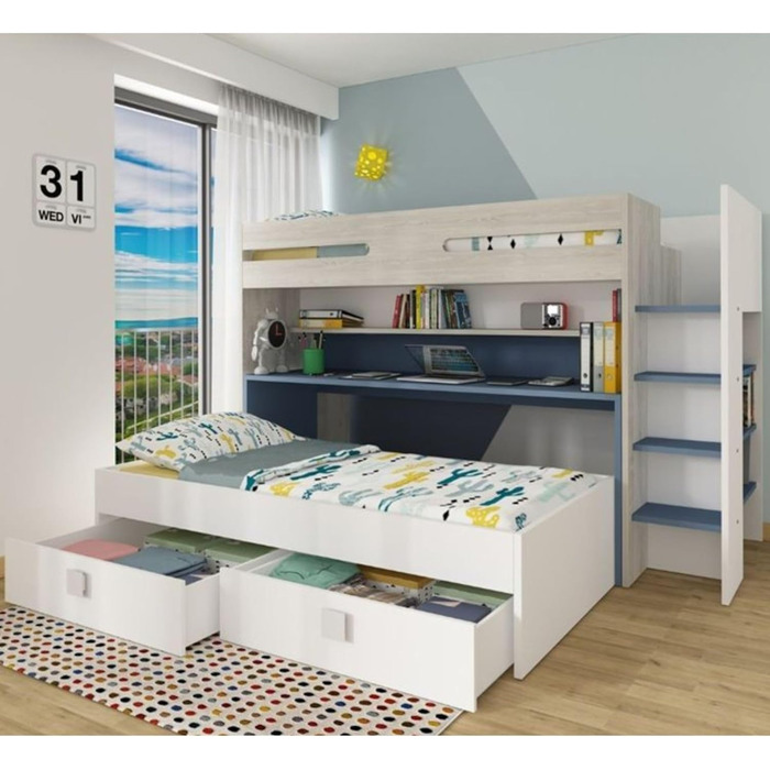 Дитяче двоярусне ліжко з письмовим столом і висувним спальним місцем Колір білий і блакитний