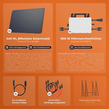 Балконна електростанція Solarway 890 Вт із сонячними модулями потужністю 890 Вт Комплект з інвертором Hoymiles HMS-800W-2T 2 445 Вт двосторонні чорні сонячні панелі Міні-фотоелектрична система для розетки, включаючи аксесуари
