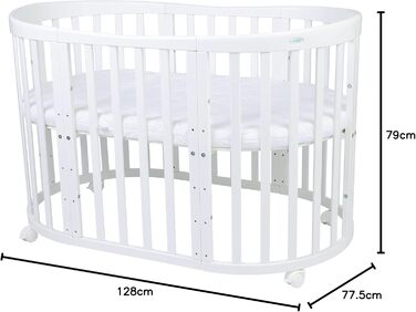 Дитяче ліжко Waldin Oval, комплект трансформованого 7-в-1, ліжечко, дитяче ліжко з матрацом, пеленальний столик, приліжкове ліжечко, дерево білого кольору, комплект тканини не входить до комплекту