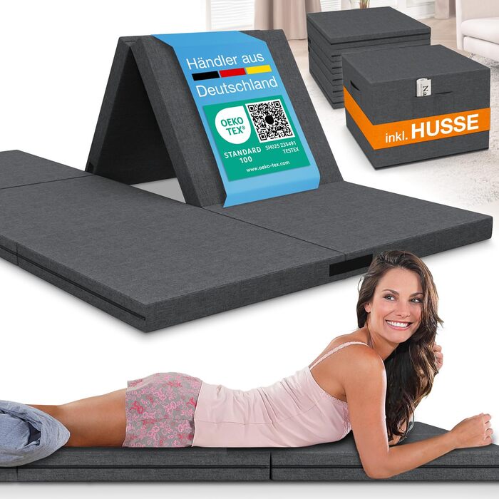Розкладний матрац ELONEO 140x200 см з чохлом, висота 8 см, розкладний гостьовий матрац, розкладний матрац, розкладний матрац, ортопедична подушка, дорожній матрац, розкладне гостьове ліжко, розкладне ліжко, яке можна прати, 140 x 200 x 8 см, антрацит
