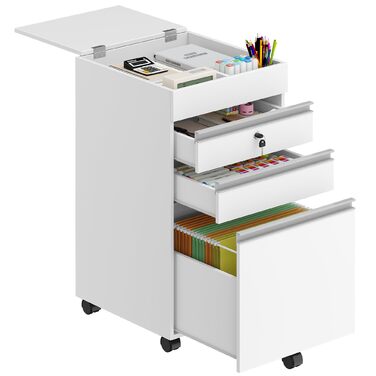 Контейнер на колесах Hzuaneri, шафа для документів, офісна шафа, що замикається, з 3 шухлядами, додаткове місце для зберігання зверху, шафа з шухлядами для формату DIN A4, Letter, для офісу, домашнього офісу, 40 x 40 x 70 см Білий FC41003XV1