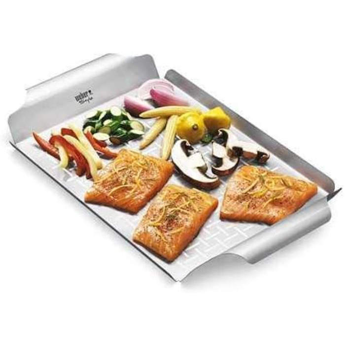 Гриль-пательня Weber Deluxe (44 x 39 см) термостійка сковорода для барбекю з нержавіючої сталі, підходить для миття в посудомийній машині, ідеальна для овочів та морепродуктів Срібляста (6435)