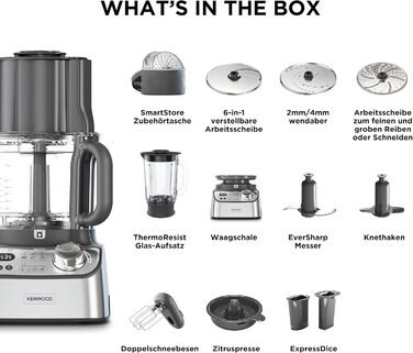Компактний кухонний комбайн Kenwood MultiPro XL Weigh FDM72.990SS з вбудованими вагами та таймером, ExpressDice, робочий контейнер на 3 л, змінна швидкість, жолоб подачі XL, 1000 Вт, компактний кухонний комбайн Silver з кубиками Express Dice