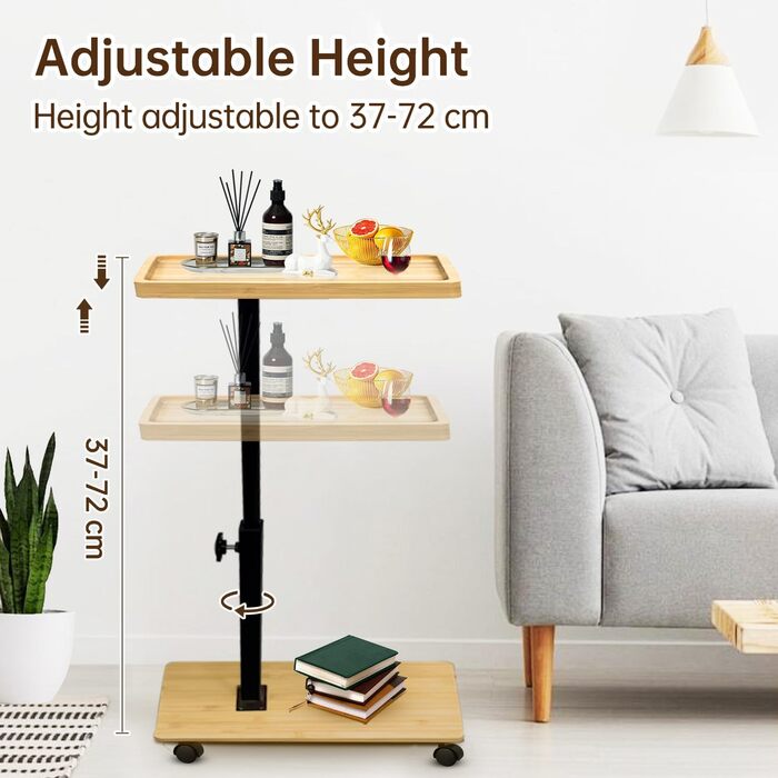 С-подібний журнальний столик, бамбук та метал, сучасний, регульований по висоті з колесами невеликий журнальний столик, тумбочка для ліжка, столик для дивана, тумбочка, туалетний столик для вітальні, спальні, ванної кімнати