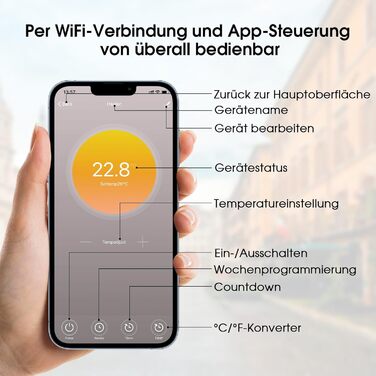 Інфрачервоний окремостоячий обігрівач - 900 Вт - Керування за допомогою застосунку, пульт дистанційного керування та термостат - Електричний обігрівач на ніжках та настінному кріпленні - Окремостоячий обігрівач на колесах - Захист від перегріву - Енергозб