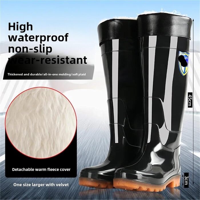 Чоловічі дощові чоботи, супер високі шкарпетки, дощове взуття, довгі водні рибальські чоботи, потовщені зносостійкі, нековзні, пластикові, водонепроникні, чорні, одинарні, 40 EU