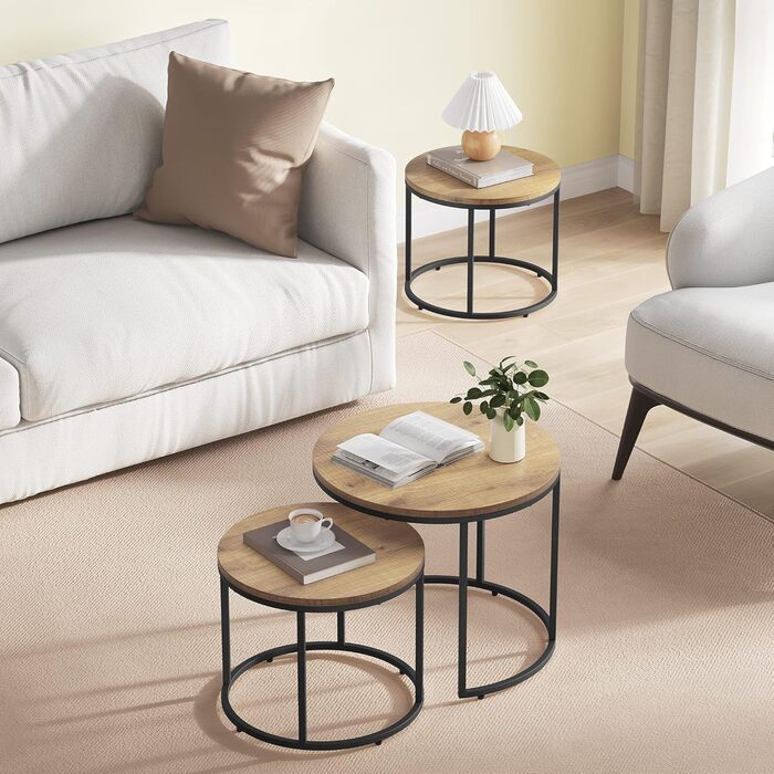 Набір журнальних столиків Home Collective із 2 шт. , круглі приставні столики, дизайн лофт, вбудований дизайн 2-в-1, стійка до подряпин поверхня, вітальня ширина 53 см та 43 см, дуб із чорними ніжками, дуб/чорний, круглий
