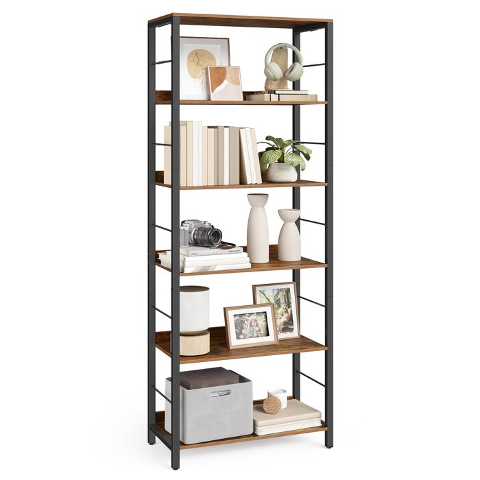 Рівнева книжкова полиця, полиця для зберігання, 30 x 60 x 178 см, із задніми панелями, для вітальні, кабінету, домашнього офісу, промисловий дизайн, вінтажний коричнево-чорний колір LLS118B01 6 рівнів (60 см), 6-