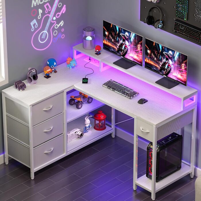 Подібний письмовий стіл із USB-портом для зарядки та розеткою, двосторонній кутовий стіл із 4 шухлядами та полицею, ігровий стіл із підставкою для монітора, 140x100 см, комп&39ютерний стіл для офісу, білий