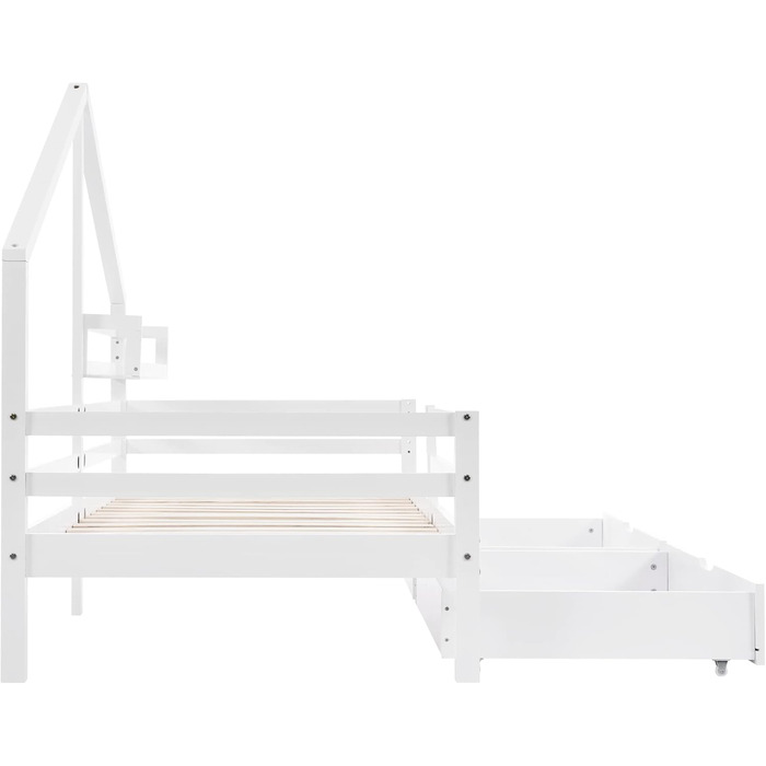 Дитяче ліжко Merax 90x200 см із захистом від падіння, дитяче ліжко-будиночок з шухлядами та полицею для зберігання, міцне дерев&39яне ліжко-будиночок на дереві з рейковою основою, ігрове ліжко для хлопчиків та дівчаток, біле 90 x 200 см, біле з шухлядами
