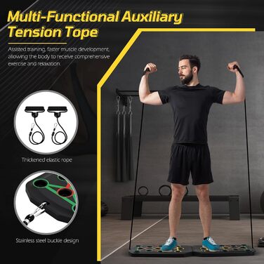 Дошка для віджимань 24-в-1 з ручками для віджимань, 2 натяжні мотузки, 20 клейких подушечок, сумка, паралелети, вантажопідйомність 150 кг, домашнє фітнес-обладнання