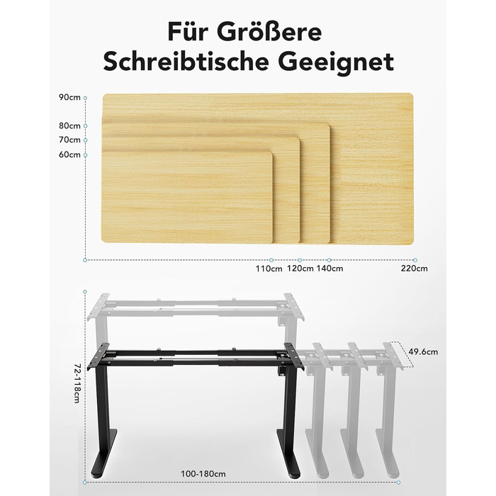 Каркас столу HUANUO з регульованою висотою та безщітковим двигуном, вантажопідйомність 100 кг, ніжки столу, регульована висота каркаса столу для стільниць 110x200 см, тільки каркас, чорний