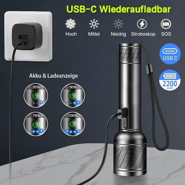 Світлодіодний ліхтарик надзвичайно яскравий 2200 люмен, акумуляторний (з вбудованим акумулятором високої ємності), міні-ліхтарик з індикатором заряду батареї, тривалий час роботи, алюмінієвий сплав, 5 режимів світла, можливість масштабування (2 шт.)