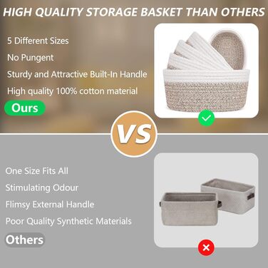 Кошики для зберігання з плетеної бавовняної мотузки Verdenu, набір з 5 шт. , кошики для зберігання з бавовняної мотузки, плетені кошики для зберігання, полиці-кошики для ванної кімнати, спальні, дитячої кімнати, вітальні (двоколірні)