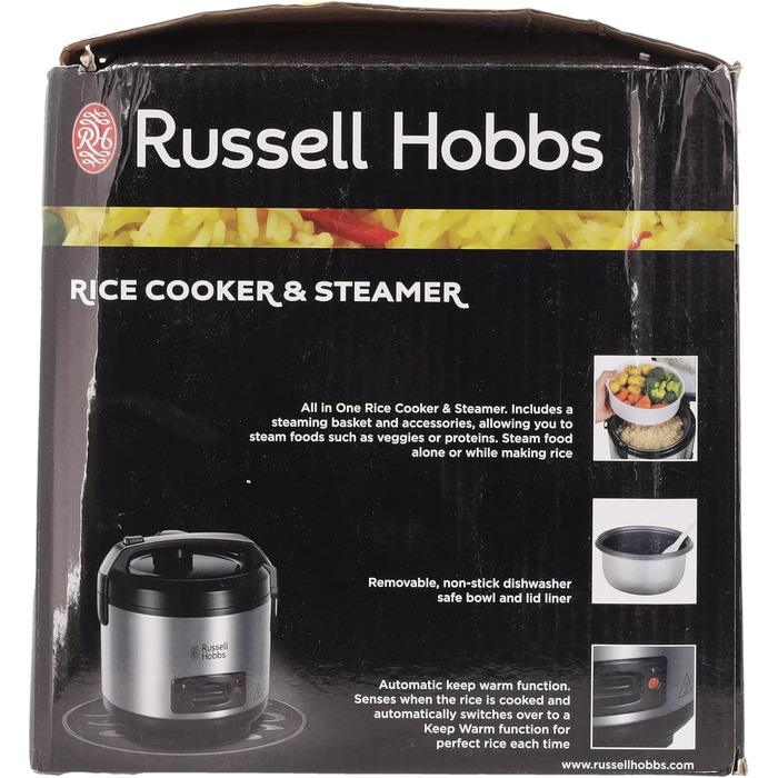 Рисоварка Russell Hobbs Переможець тесту 1,2 л включно Вставка для пароварки з відкидною кришкою Aroma (функція підтримки тепла, каструля з антипригарним покриттям, рисова ложка та мірна чашка, нержавіюча сталь) 27080-56 Рисоварка з пароваркою Одинарна