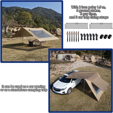 Тент для автомобіля 2,9x4,8 м з вікном-сіткою на задньому борту для кемперів, автофургонів, водонепроникний сонцезахисний козирок, кемпінговий, сонцезахисний вітрило, коричневий 2,9x4,8 м