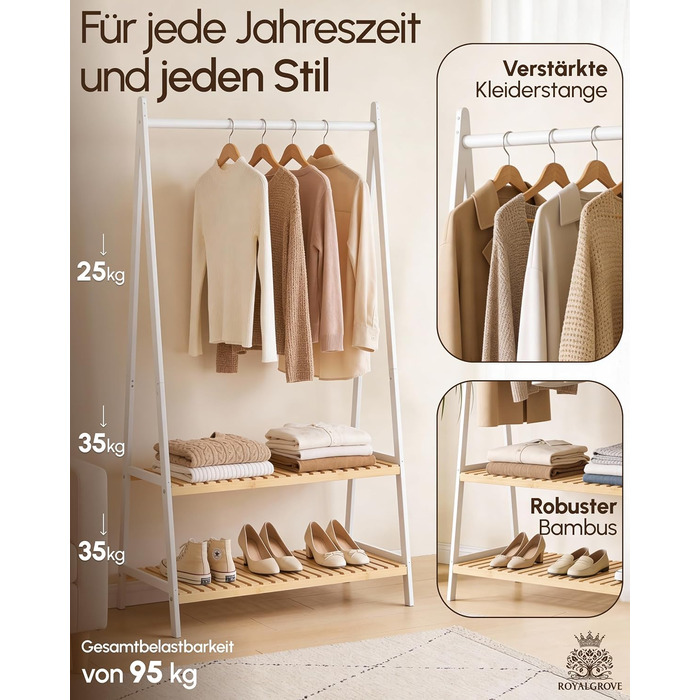 Вішалка для одягу з 2 полицями з білого бамбука, шафа-тумба з міцною рейкою для одягу, шафа з полицею для взуття, для передпокою, спальні, 160 x 80 x 44 см (білий)