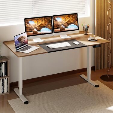 Електричний стіл GIANTEX з регульованою висотою, 140 x 70 см, офісний стіл з функцією пам&39яті, конструкцією із захистом від зіткнень та блокуванням від дітей, електричний стіл для офісу та дому (горіхово-коричневий)