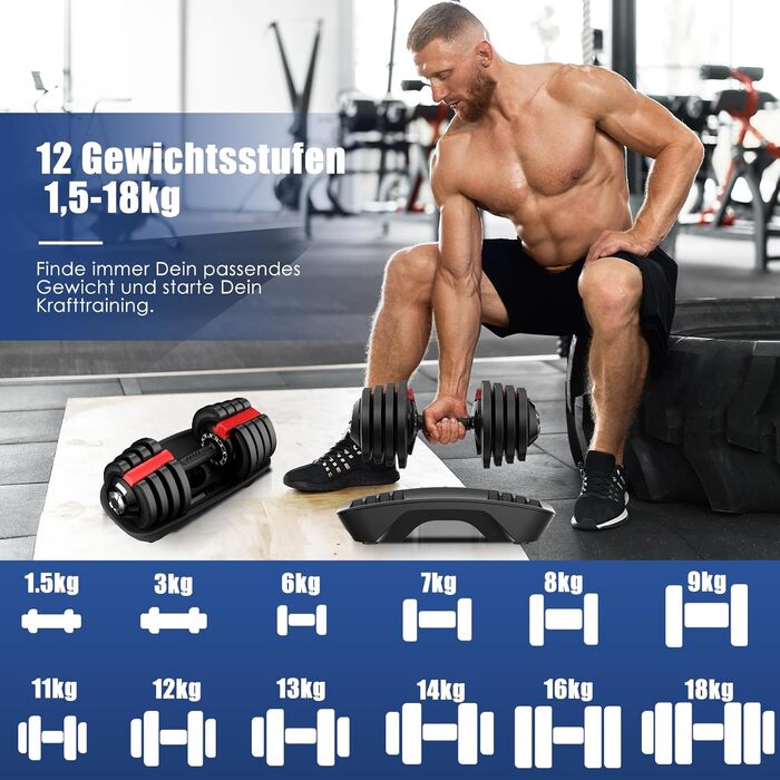 Регульовані гантелі DH FitLife від 1,5 до 18 кг з 12 рівнями ваги
