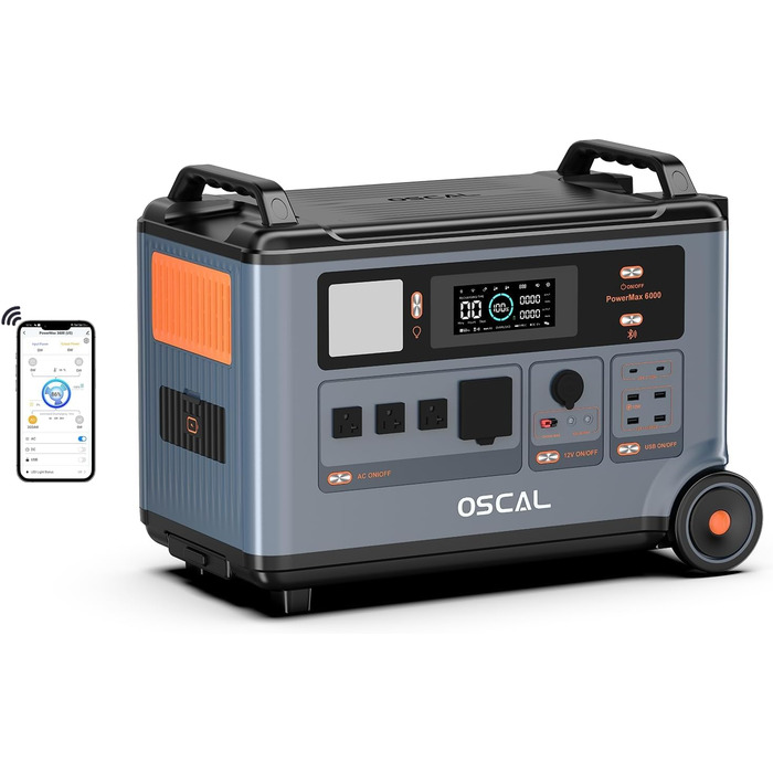 Сонячний генератор OSCAL 6000 Вт (пікова потужність 9000 Вт) PowerMax 6000, портативна електростанція 3600 Втгод, можливість розширення до 57,6 кВтгод, акумулятор LiFePO4, час повної зарядки 1,96 години, ДБЖ, мобільне накопичувач енергії для кемпінгу, над