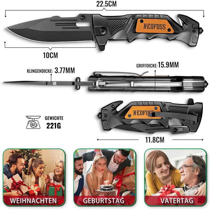 Рятувальний ніж NedFoss DA75, 10-сантиметровий складаний ніж з різаком для ременя та склорізом, кишеньковий ніж з фіксатором на пі