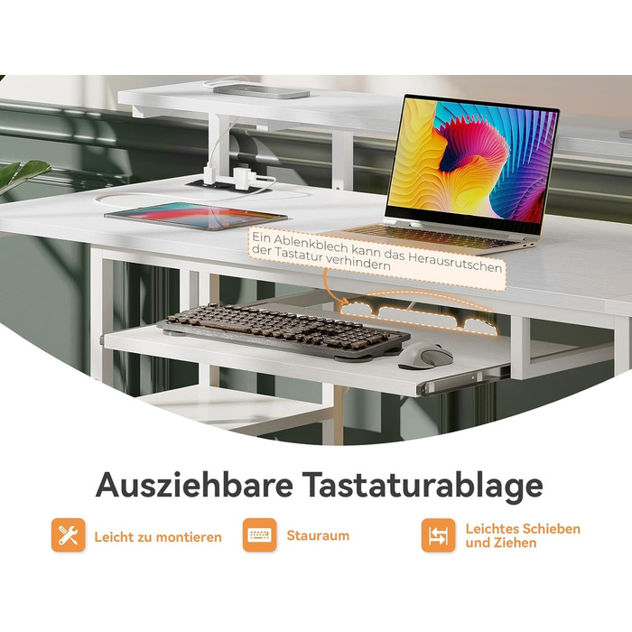 Письмовий стіл ODK з 4 шухлядами, 140x52x92 см, комп&39ютерний стіл з 2 розетками та 2 USB-портами для зарядки, ПК-стіл з полицею, ігровий стіл з підставкою для клавіатури для офісу, вітальня, білий 140x52 см