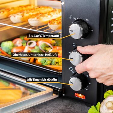 Літрова міні-піч 1600 Вт чорний Верхній/нижній нагрів до 230 градусів Плавне регулювання температури Таймер на 60 хвилин Подвійні скляні двері Міні-піч Лоток для крихт 30 л Аналогічні, 30-