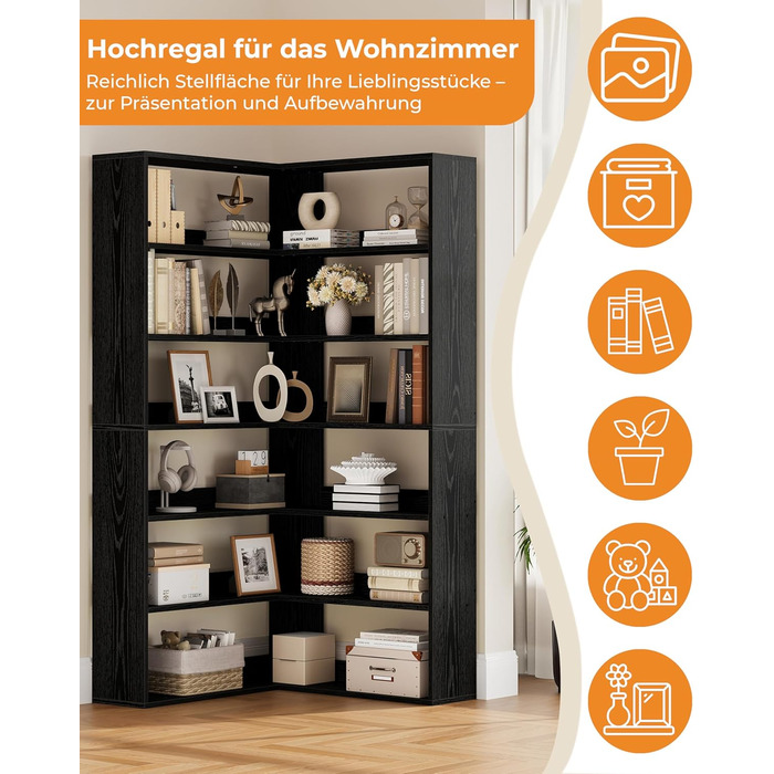 Книжкова полиця IRONCK, 6 ярусів, кутова полиця, висота 180 см, окремостояча дерев&39яна L-подібна відкрита полиця, полиця для зберігання речей для кабінету, офісу, вітальні, спальні (чорна)