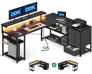 Письмовий стіл ODK з шухлядами, 155110 см, двосторонній кутовий стіл з 2 розетками та 2 портами USB для зарядки, L-подібний офісний стіл зі світлодіодним освітленням для домашнього офісу, чорний 155110 см