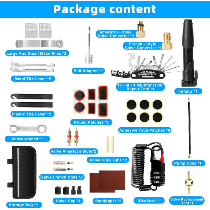 Набір для ремонту велосипеда Suprbee, набір інструментів для ремонту велосипеда з 40 шт., набір інструментів для велосипеда 16-в-1 з велосипедним насосом, набір для ремонту велосипедних шин і ремонт гірських і шосейних велосипедів