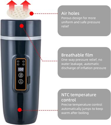 Чайник Дорожній чайник 12В 350мл Швидкий чайник Двошаровий термос з нержавіючої сталі для приготування молока, кави та чаю (80Вт ч
