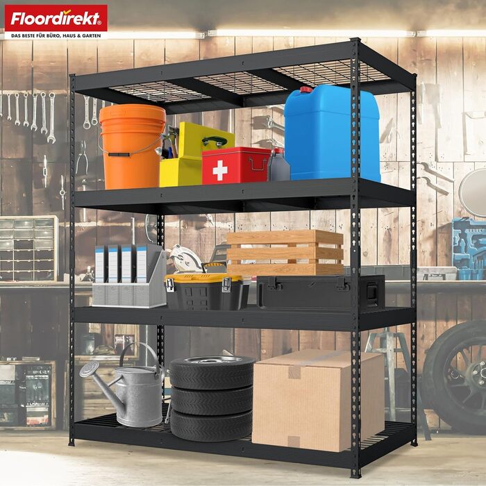 Посилений стелаж Floordirekt Yukon Rivet 160 x 150 x 80 см, 4 яруси, чорний Сталевий стелаж з полицями з дротяної сітки Вантажопідйомність 250350 кг на ярус Різні розміри та кольори, чорний, 160 x 150 x 80 см, 4 яруси