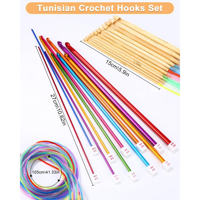 Туніський набір гачків для вязання з 23 предметів, включає в себе деревяні та алюмінієві гачки 2-10 мм, алюмінієвий набір туніських гачків для початківців, для ковдр, шарфів та інших проектів вязання гачком