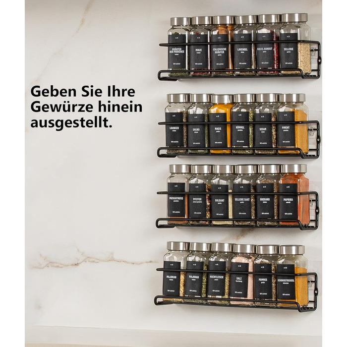 Настінна підставка для спецій Deco haus (свердління не потрібне) З 24 БАНКАМИ ДЛЯ СПЕЦІЙ ТА ЕТИКЕТКАМИ - Підвісна підставка для спецій, комплект з 4 шт. - Чорний тримач для спецій (свердління не потрібне) - Органайзер для спецій - Кришки з нержавіючої ста
