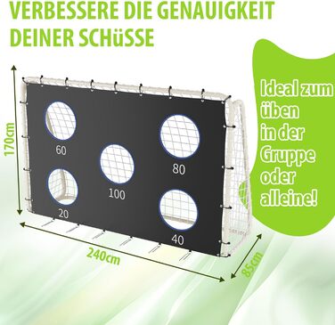 Футбольні ворота зі щитом 240 см x 170 см Високоякісні дитячі футбольні ворота з сіткою, щитом та шипами Підходять для будь-якої ситуації