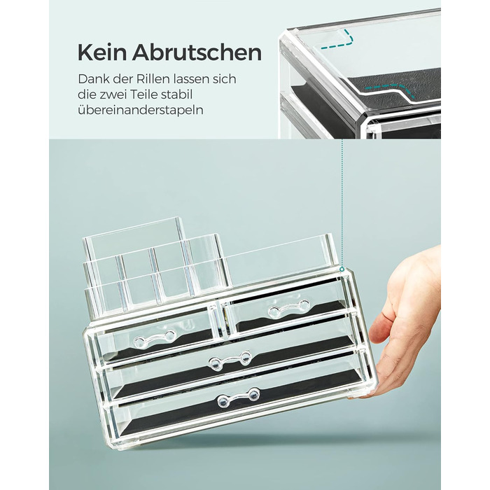 Органайзер для макіяжу SONGMICS, косметичний органайзер з 4 шухлядами та 11 відділеннями різних розмірів, нековзні вставки, для макіяжу та ювелірних виробів, прозорий JKA001TP