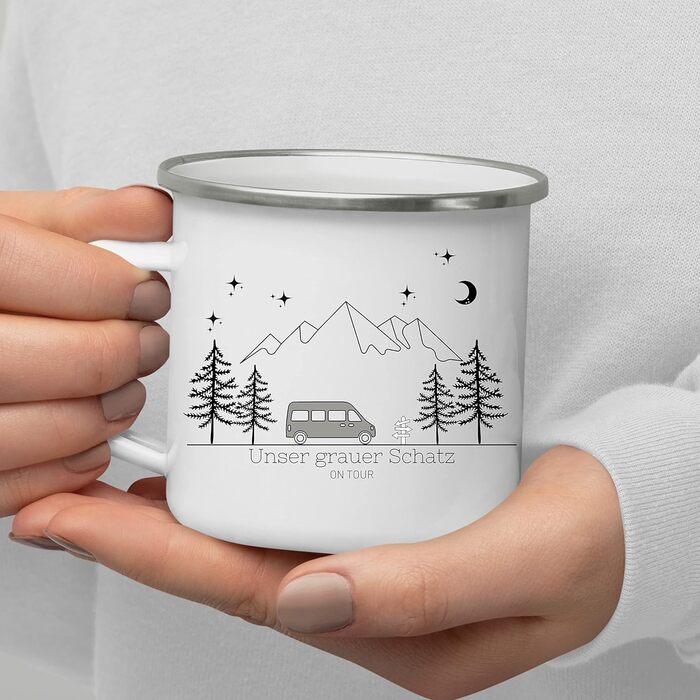 Емальована кружка Маленька Матильда, барвиста персоналізована кемпінгова кружка з іменем для кемпінгу, кавова кружка, аксесуар для каравану, кружка з нержавіючої сталі, подарунок для кемперів (сірий колір)