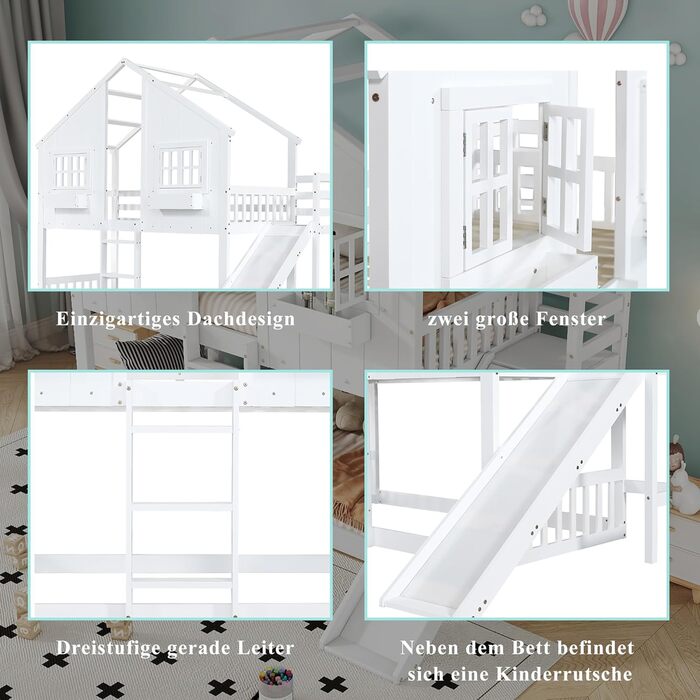 Дитяче двоярусне ліжко 90x200, ліжко-горище, ліжко-будиночок з гіркою, драбиною, вікнами, дахом та ящиком для зберігання, двоярусне ліжко, дерев&39яне ліжко, дитяче ліжко з рейковою основою та поручнями, сосна, без матраца, білий колір