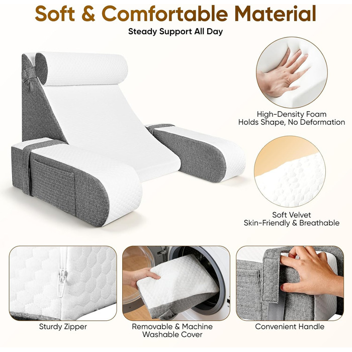 Подушка для читання зі знімним потиличним валиком та підлокітником, ергономічна подушка для спини/книги з кишенею для зберігання та чохлом, який можна прати, для ліжка та дивана для читання, роботи, сну та перегляду телевізора